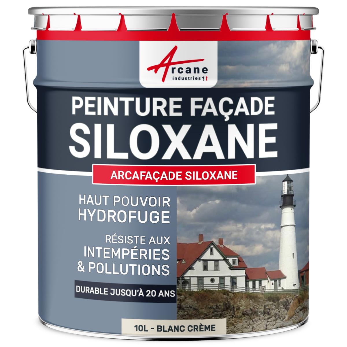 ARCANE INDUSTRIES Peinture Facade siloxane Hydrofuge, Durable jusqu'à 20 Ans, rénovation façade, Mur crépi : Arcafacade siloxane - 10 L (+ ou - 60 m² en 1 Couche) Blanc Crème - RAL 9001