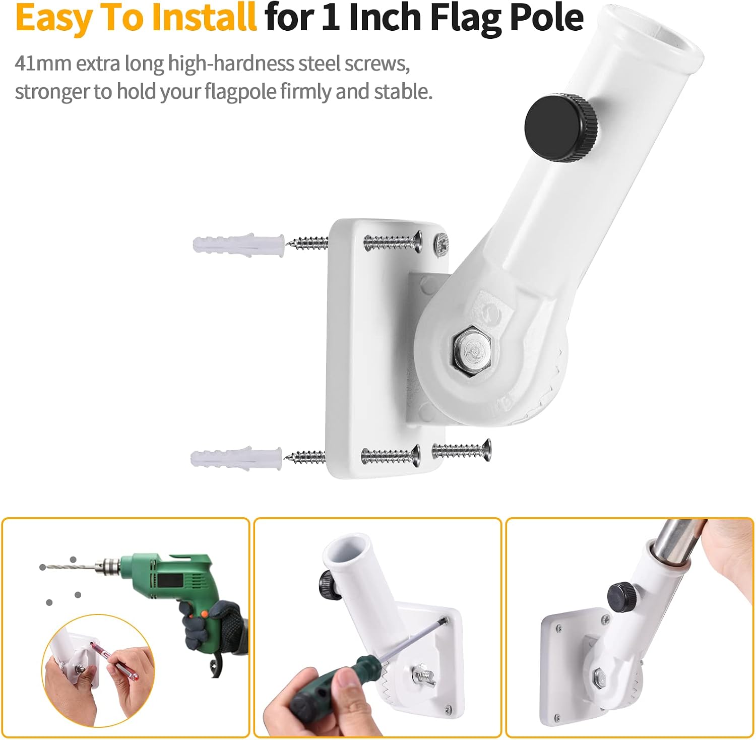 Flag Pole Holder Brackets, BONWIN 1" Flag Pole Mounting Bracket with Hardwares for House Wall Porch, 1" Inner Diameter, 180° Adjustable Multi Positions, Aluminium Alloy(1 Pack White, Multi-Positions)