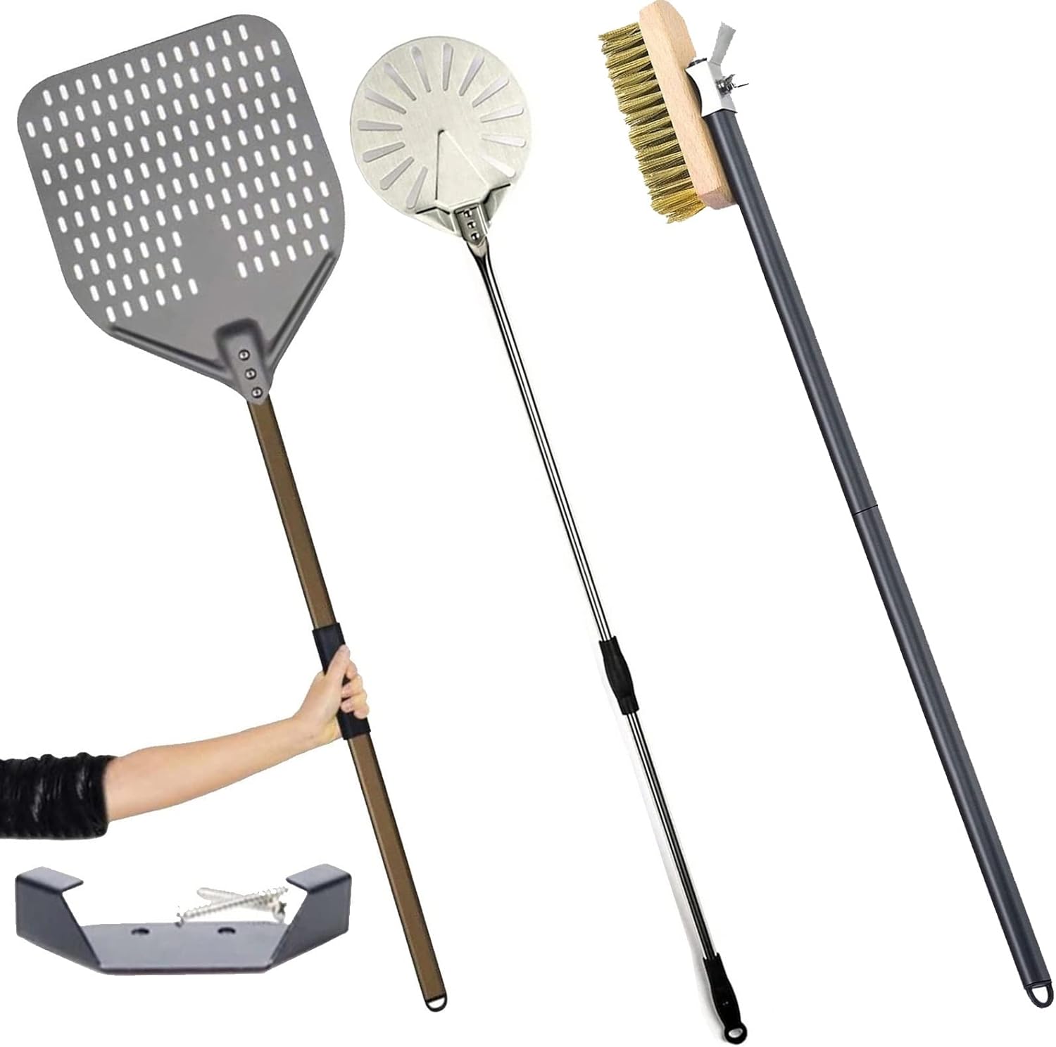 14" Square Pizza Peel and 9" Round Pizza Spatula, 43" Copper Brush, Pizza Oven Tool Set, High Temperature Resistant Detachable Handle, Homemade Bread Baking, Gift Hook