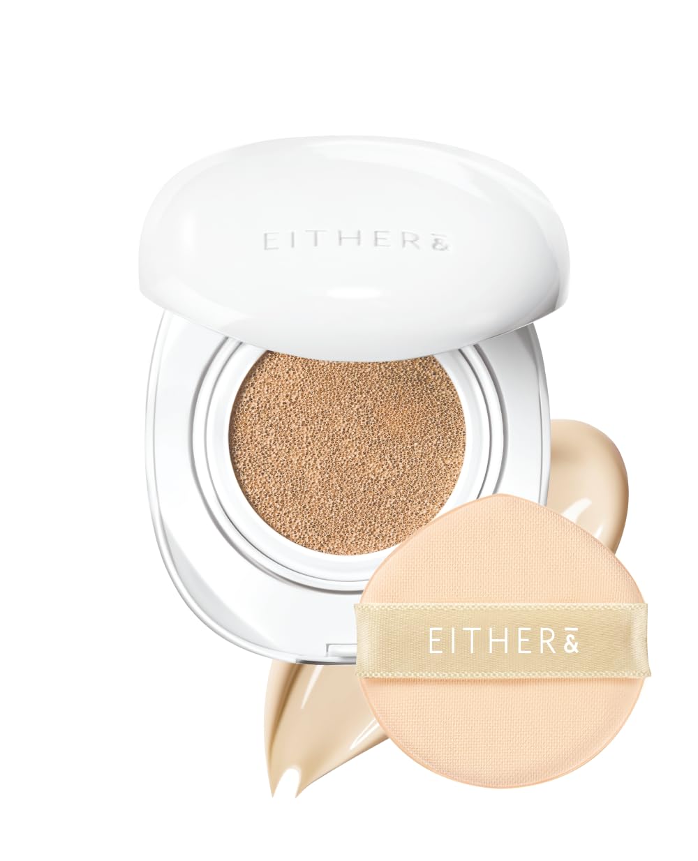 EITHER Glow Pixel Cushion Foundation Skincare Formula Dewy Glass Skin Lightweight Long-Lasting 100H Wear Buildable Hydrating Korean Cushion