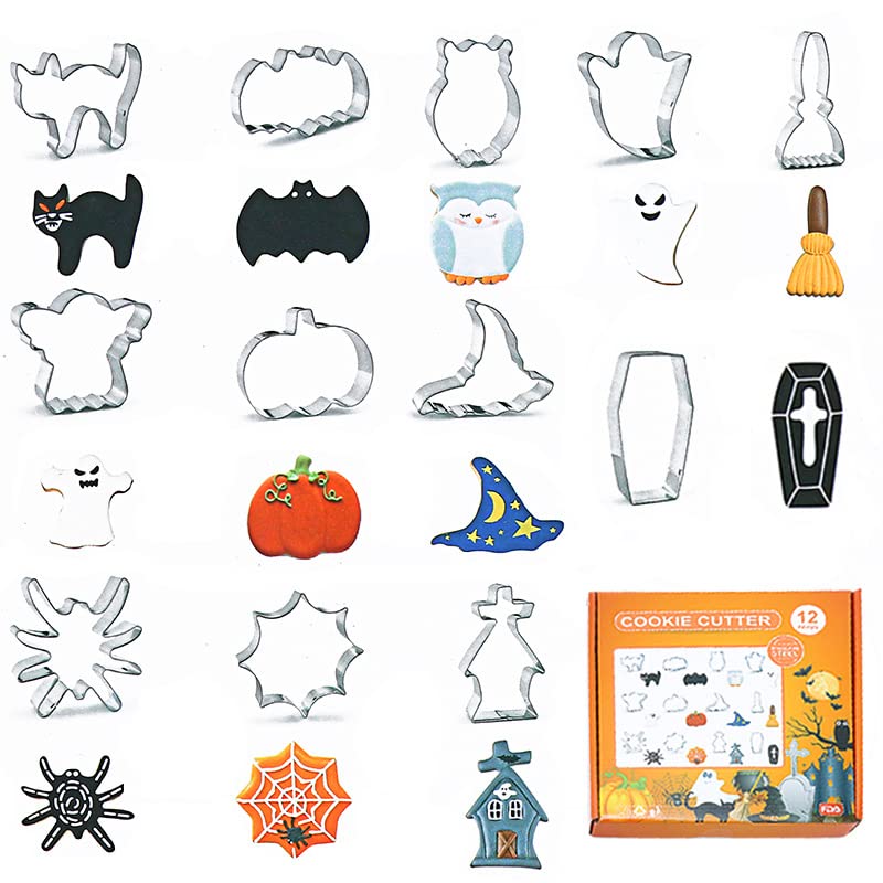RUIYWEN Juego de 12 Cortadores de Galletas de Halloween en Forma de Calabaza Fantasma Murciélago Gato, Moldes de Acero Inoxidable para Galletas Fondant Chocolate