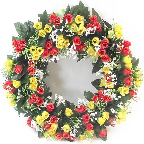 42cm Artificial Orange & Yellow Rose Wreath for in or outdoors - Home Grave Wedding