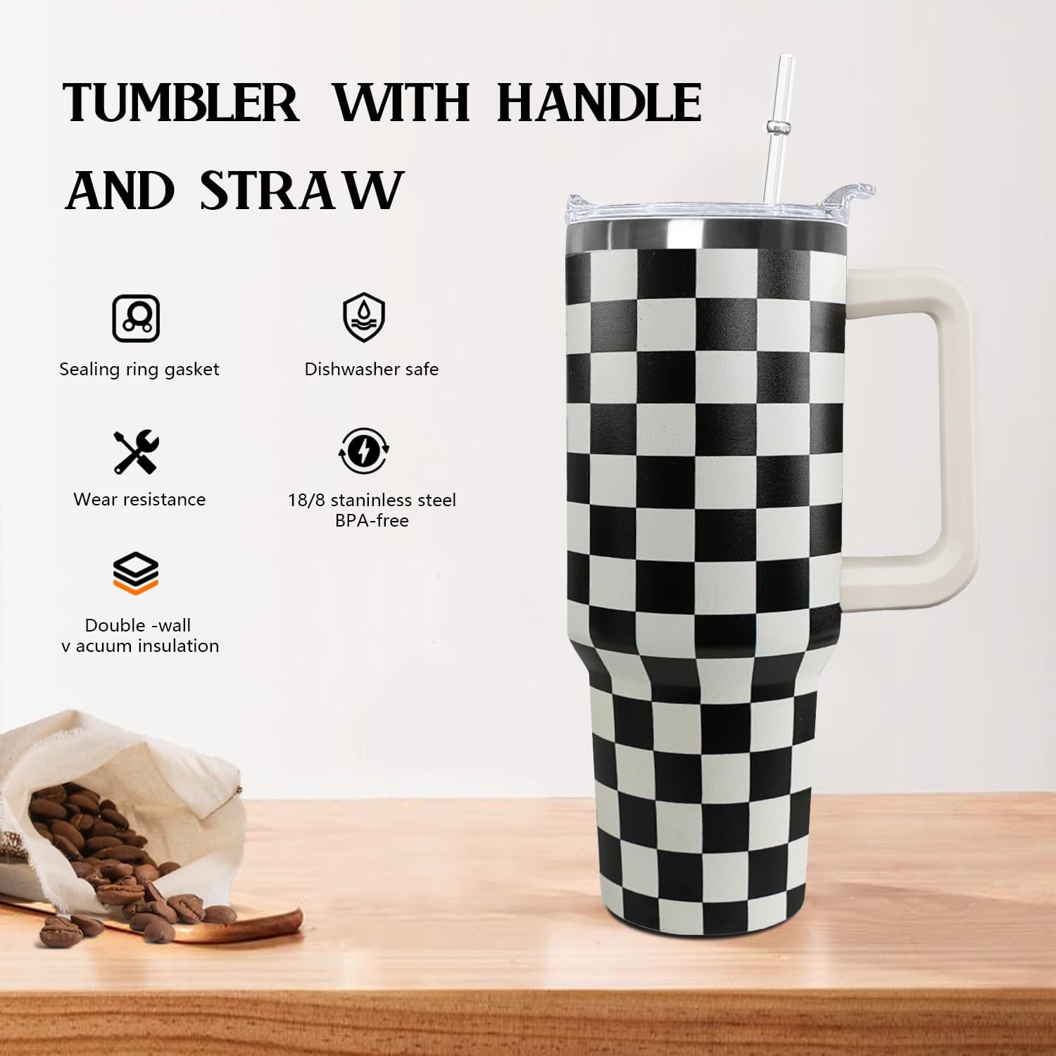 Ceovfoi Black and white Checkered Tumbler with Handle Lid and Straw,40 Oz Checkered Tumbler Water Bottle Travel Coffee Cup Mug,Checkered Gifts for Women Men - Image 3