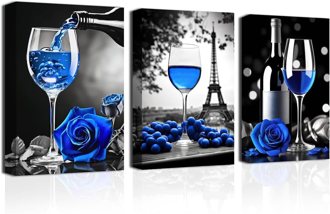 CXHOSTENT 3 Panel Wine with Rose Wall Art, Canvas Prints, 11.00"x14.00", Kitchen, Dining Room, Restaurant Decor