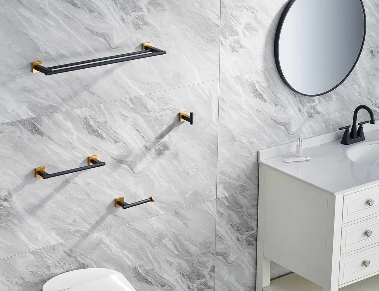 Miyili 4-Piece Bathroom Hardware Kit Set Stainless Steel Wall Mount - Includes Double Towel Bar, Hand Towel Rack, Toilet Paper Holder, Robe Hook, Black & Gold, BS02BG4 - Image 3