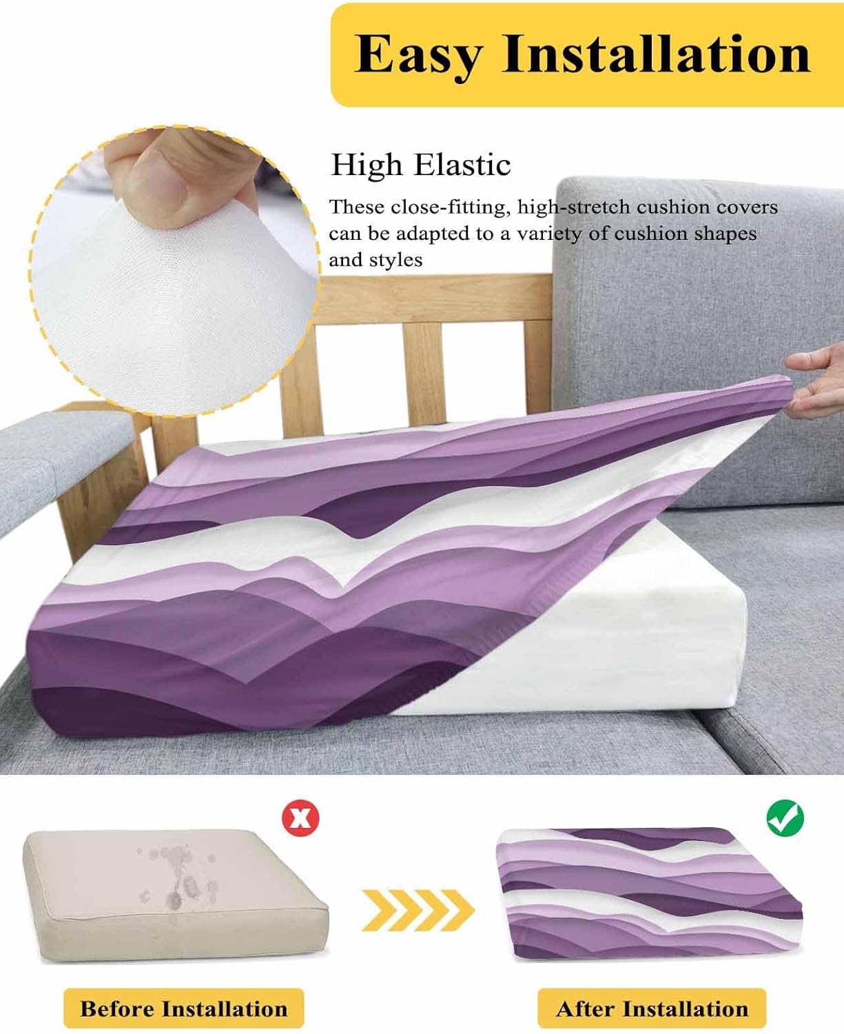 Gradient Purple Stretch Couch Sofa Cushion Covers,Sectional/Individual/L/T Shape Sofa Couch Slipcover Furniture Slip Cover with Elastic Bottom,Modern Geometric Ocean Waves Stripes S Size 3-PC