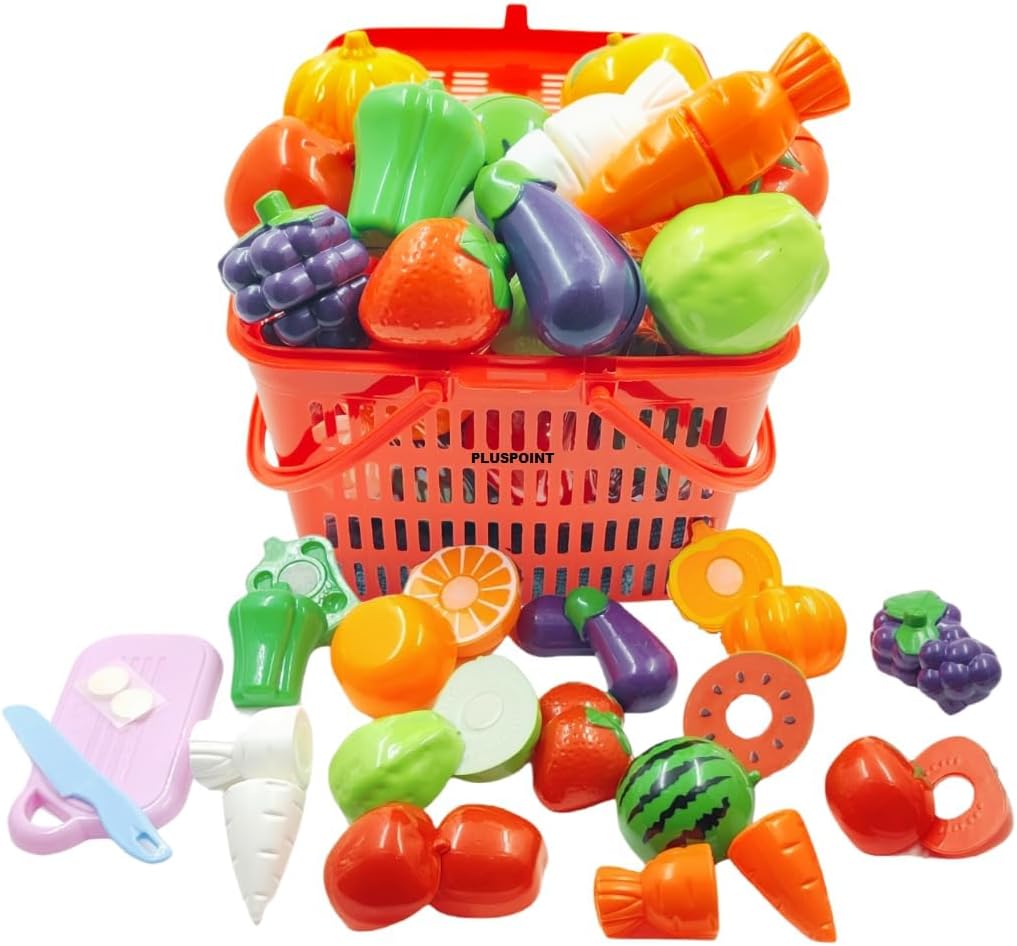 PLUSPOINT 15 Pcs Fruit & Vegetable Cutting Toy Set with Basket | Sliceable Pretend Play Kitchen Toys for Kids | Learning Toy with Knife & Cutting Board for Boys & Girls