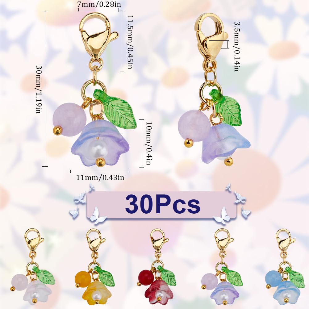 SUNNYCLUE 1 Box 30Pcs Flower Stitch Marker Knitting Markers Charms Bulk Glass Malaysia Jade Colorful Gold Floral Locking Lobster Claw Clasps Charm for Weaving Quilting Jewellery DIY Crafts Accessories - Image 2