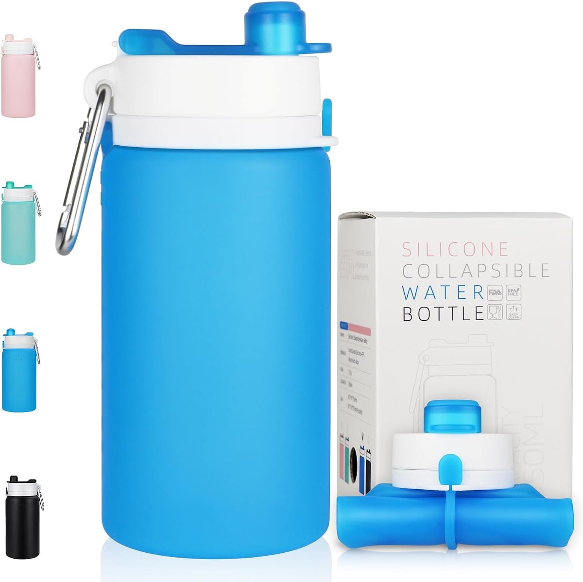 PLTCAT Botellas de agua plegables, botellas de viaje de silicona plegables de 19 oz | Silicona sin BPA, tapas a prueba de fugas, aptas para lavavajillas, clips de mosquetón, diseño compacto enrollable