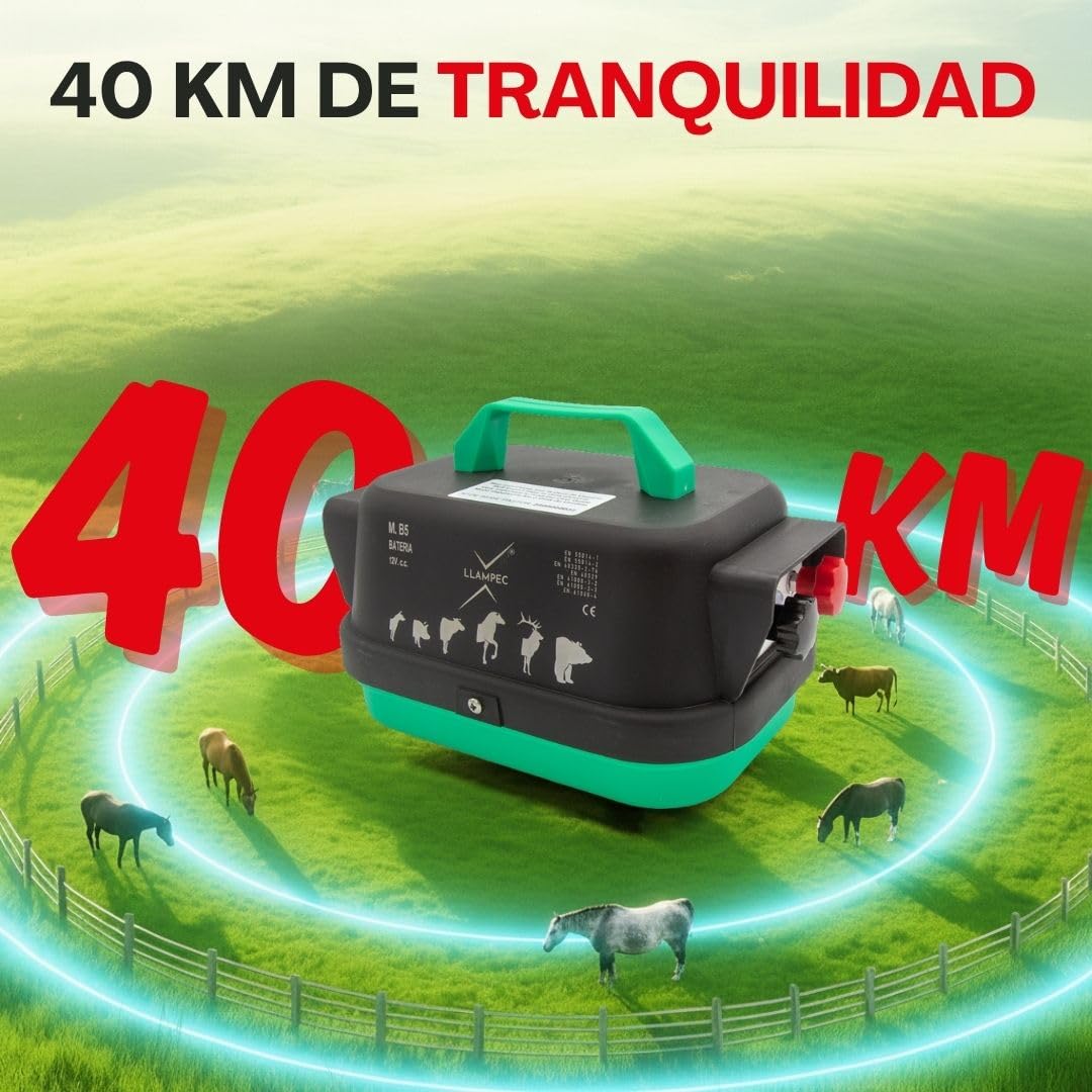 Llampec B5 Pastor eléctrico mixto - Valla eléctrica para caballos, vacas, ovejas y ganado - 4J 10.000V y 40km de alcance - Cerca de alta potencia - Batería no incluída - Fabricada en España