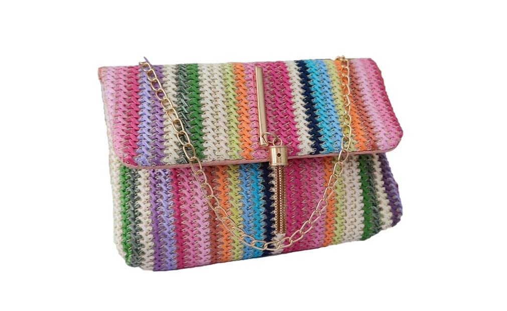 Fashion Cuqui Bolso de hombro de Rafia de cadena con solapa de decoración de borla de metal con patrón de rayas de arco iris, cruzado, mujer, monedero