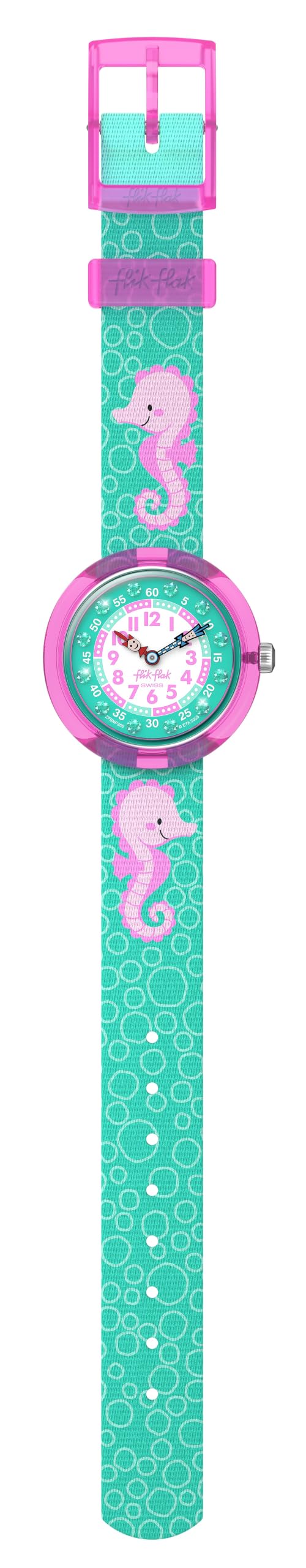 Flik Flak Mädchen-Armbanduhr für Kinder, lässig, grün, Bioquelle, Quarz, wasserdicht, sprudelndes Seepferdchen