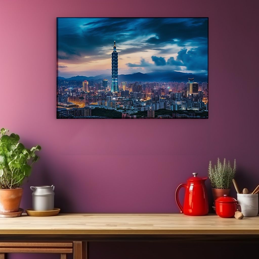 Canvas for Living room. Twilight Brilliance Over Taipei: A Cityscape of Serene Illumination, 27 x 18 inch Canvas Wall Art - Contemporary Masterpieces - Modern Home Decor