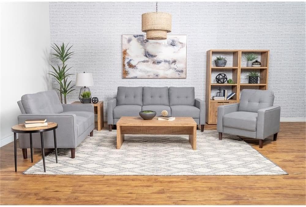 Pemberly Row 3-Piece Upholstered Fabric Sofa Set, Gray Finish, Track Arms, Pocket Coil Cushions, Includes Sofa, Loveseat, Chair, Sturdy Design with Tufted Back, Ideal for Living Room or Studio