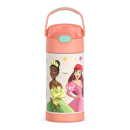 THERMOS FUNTAINER Botella de agua con pajita - 12 onzas - Botella de agua de acero inoxidable con aislamiento al vacío para niños con tapa, Princesas