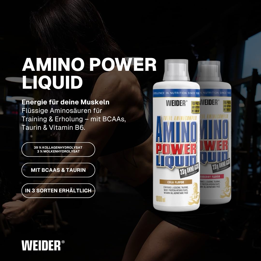 Weider - Amino Power Liquid - Flüssiges Hydrolysiertes Protein - Aminosäuren - 23g Protein pro 45 ml für Muskelaufbau - Mit L-Leucin, Taurin, Vitamin B6 - 1 Liter - Cola