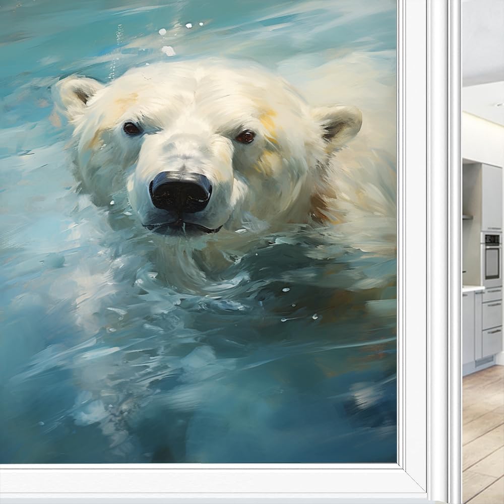Pmlbaous Watercolor Bear Window Privacy Film Static Cling Vintage Nature Cute Animal Frosted Window Film Stained Glass Heat Control Coverings For Bathroom Living Room 45X60 Cm