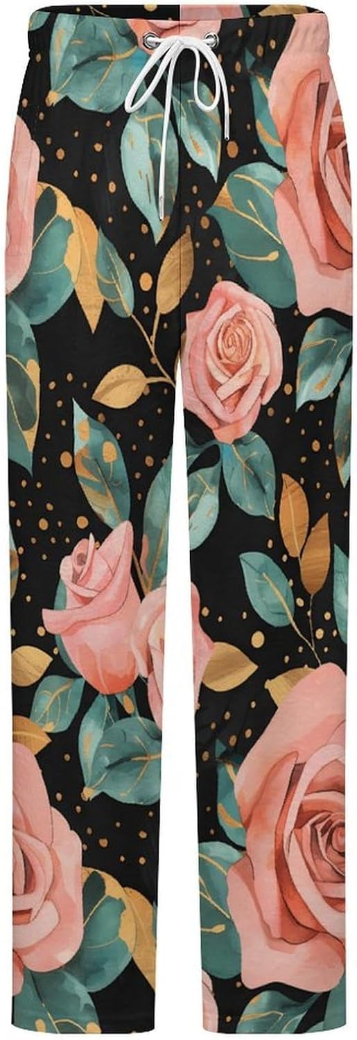 Classical Rose Flower Womens Pajama Pants Fleece Sleep Comfy Lounge Pants Bottoms PJ