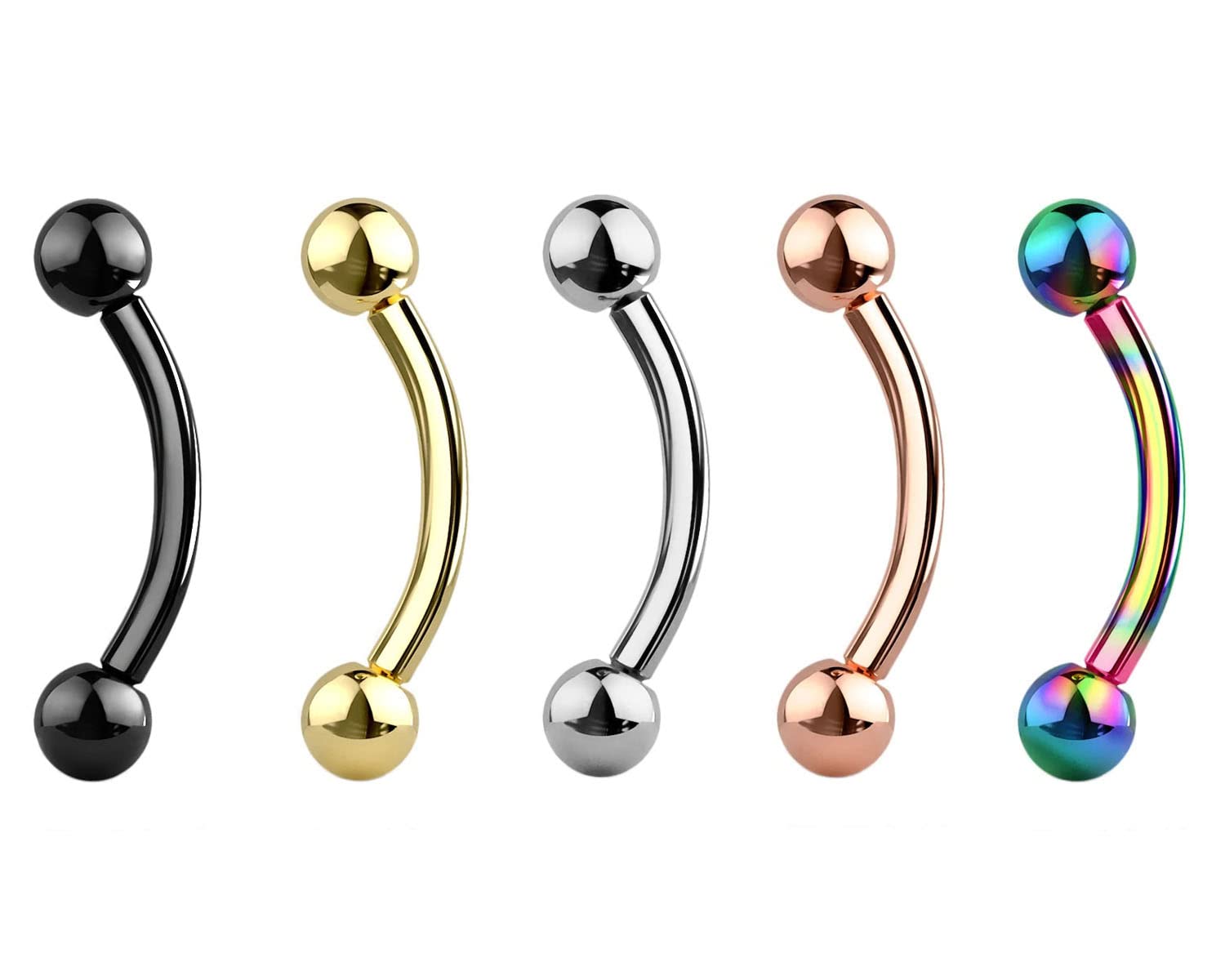 Jewel BarrelJuego de 5 piercings curvados para cejas, 6 mm, 8 mm, 10 mm, 12 mm, longitud de la barra, oro, negro, plata, 16 g, con bolas