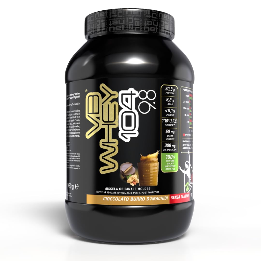 Net Integratori VB WHEY 104 9.8 Optipep - 1980g Cioccolato Burro d'Arachidi - Proteine Isolate Idrolizzate per via Enzimatica Con EAA e BCAA - Sintesi Proteica Crescita e Mantenimento Muscolare