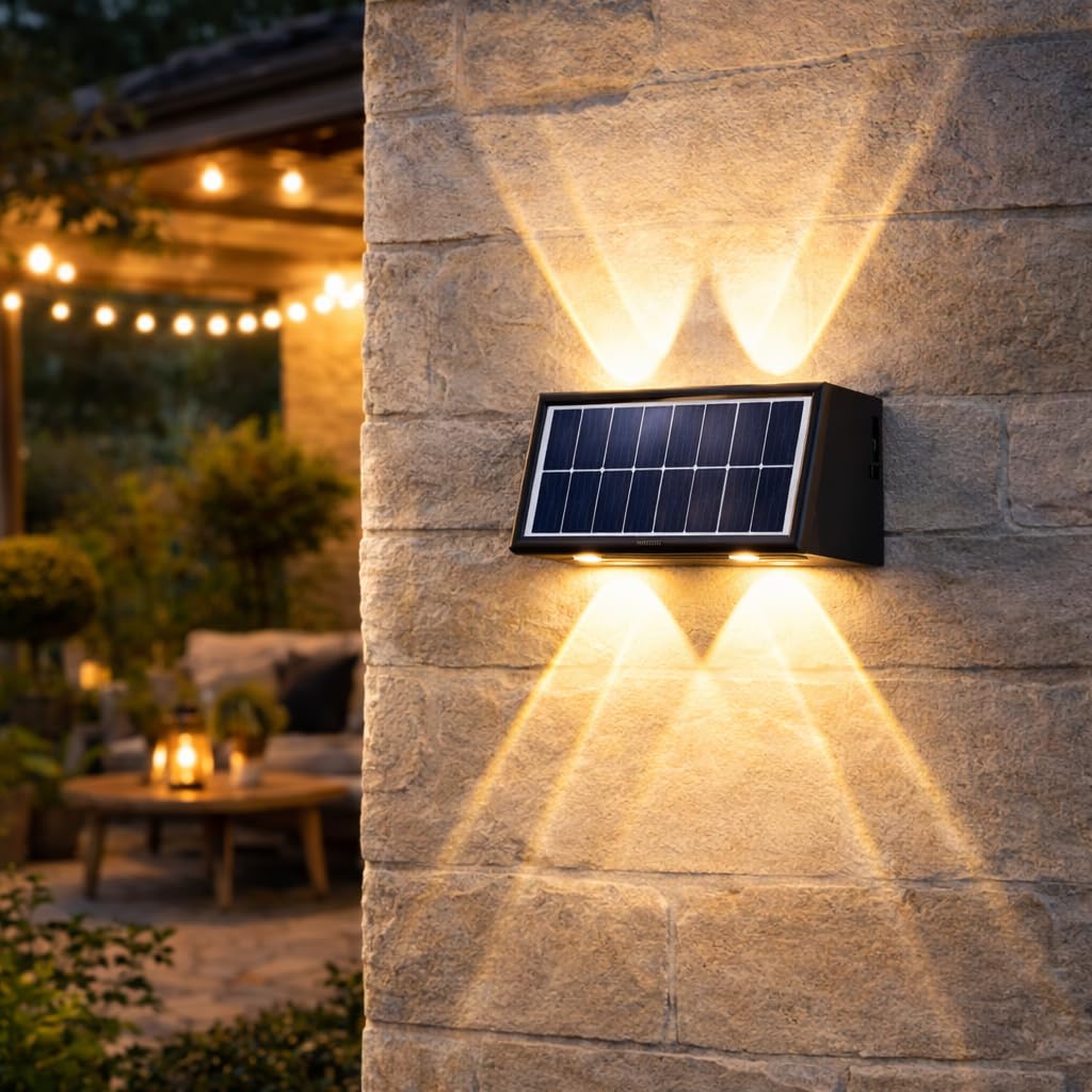 Gesto 4W Solar Wall Lights Outdoor Waterproof IP65, Warm White Up & Down Wall Lamp with 1200mAh Battery, Auto ON/Off Dusk to Dawn, Exterior Light for Garden Fence Gate Patio Pathway Elevation Balcony