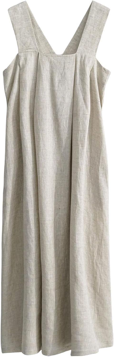 Amazhiyu Women's Pure Linen Summer Sleeveless Strap Midi Dresses with Pockets - Image 3