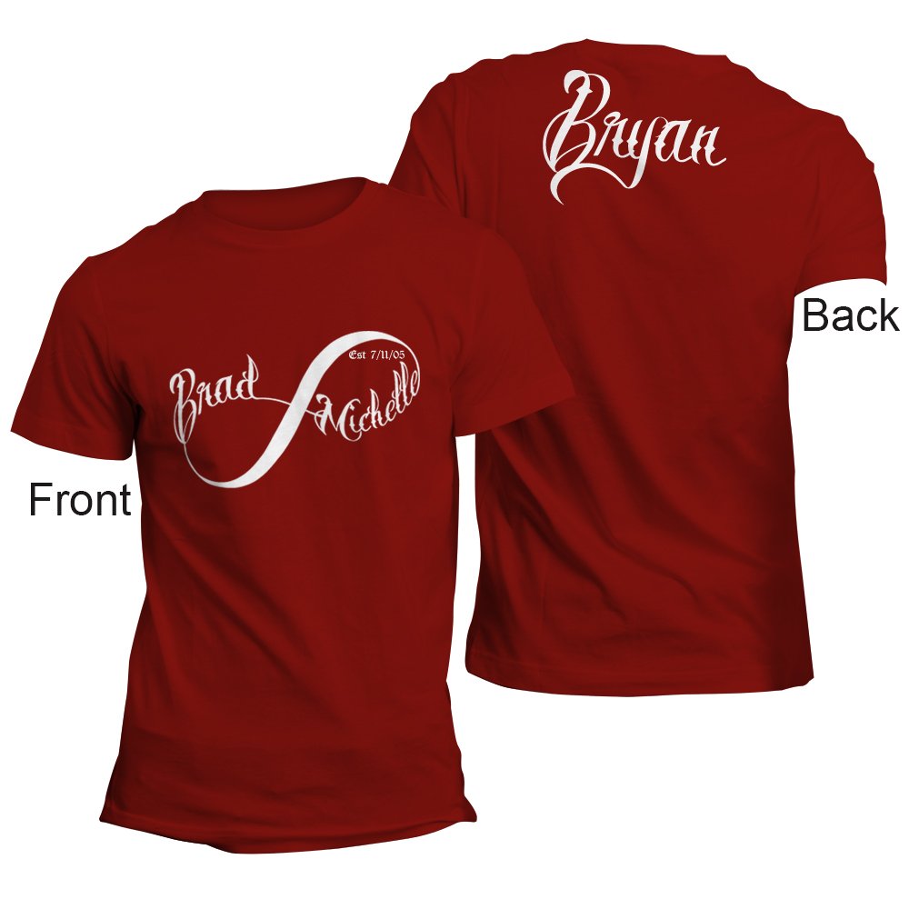 XXXX Burgundy Infinity Symbol Shirt Personalized Shirt for Couples - One Shirt Personalized on the Front and Back. Perfect for Newlyweds Couples Anniversaries and Engaged