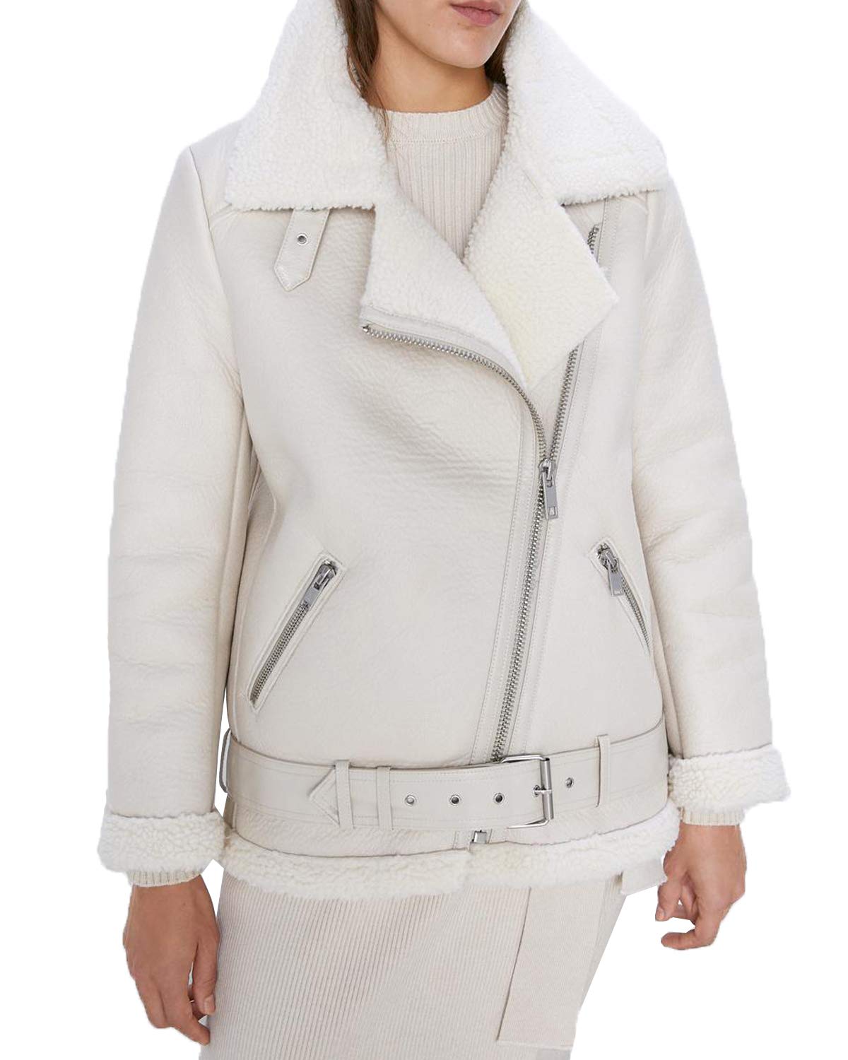 LY VAREY LIN Women's Faux Shearing Moto Jacket Thick Lined Parka Winter Shearling Coat Leather Jacket