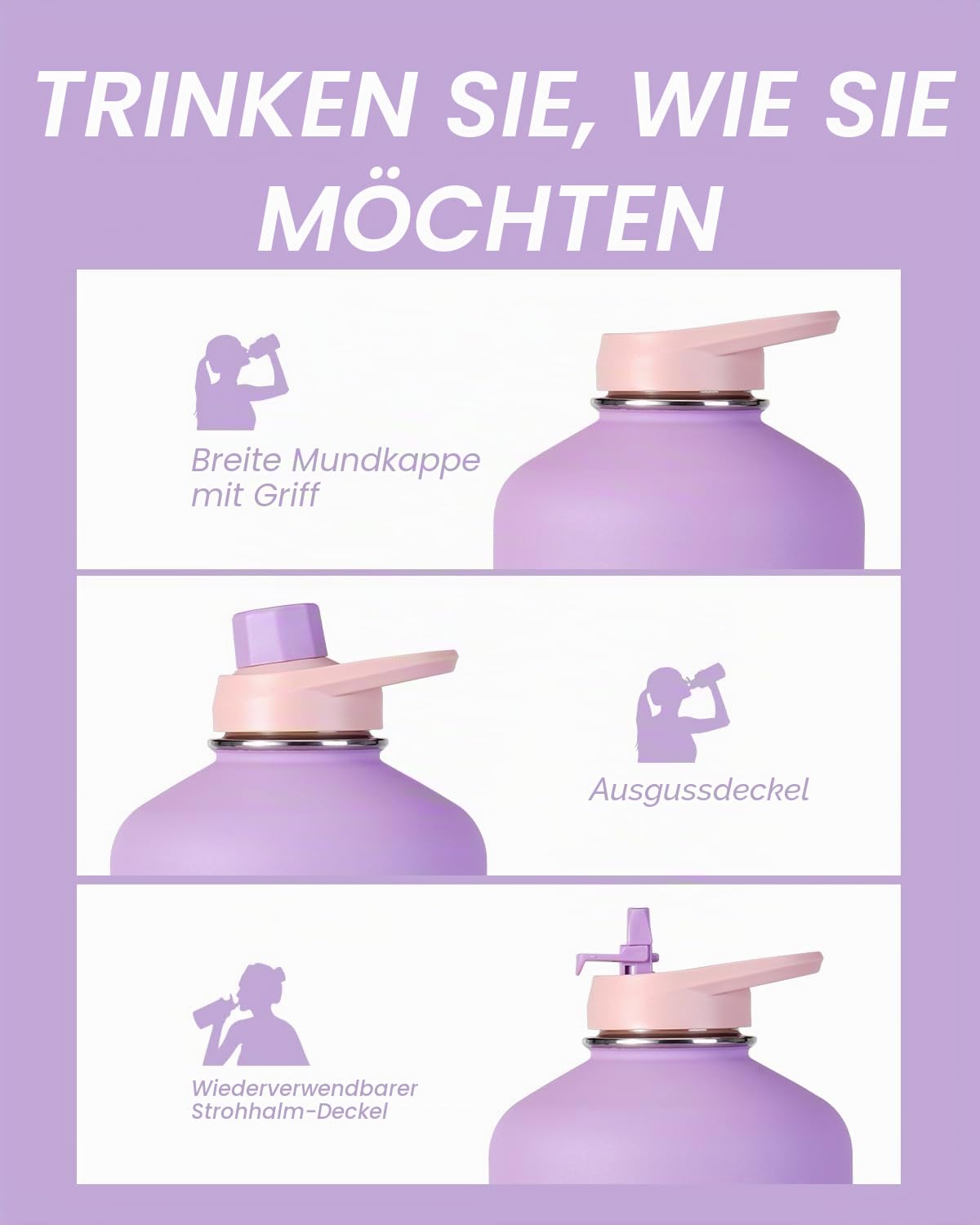Coolflask Gallonen-Wasserflasche isoliert mit PU-Lederhülle, 3,6 l Wasserflasche, Farbkontrast mit Strohhalm-Deckeln, großer Edelstahl-Krug, hält 48 Stunden heiß 24 Stunden kalt, lila