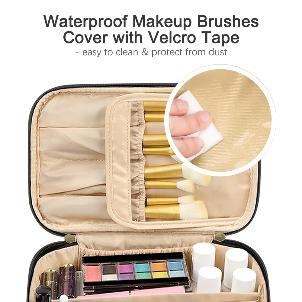 Travel Makeup Bag with Brush Compartment, Large Cosmetic Bags with 12 Pockets, Waterproof PU Leather Makeup Case with Handle - Image 3