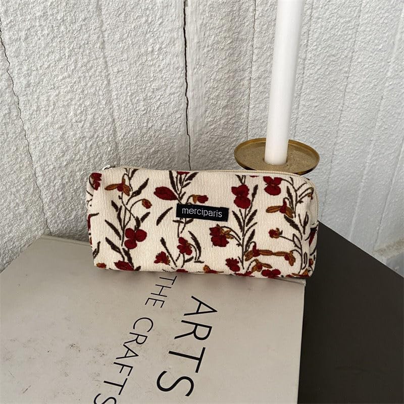 Image of Flower Prints Pencil Pen Pouch Purse Bag Cosmetic Case Organizer Soft Cotton Canvas (A)