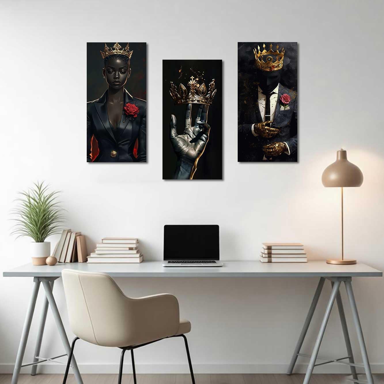 BJYCHG 3Pcs Black King and Queen Wall Art Black Couple Poster Gold Crown Pictures Afro King Canvas Prints African American Painting Large Man Bedroom Office Decor (Black, (8x16inx3 Pieces))