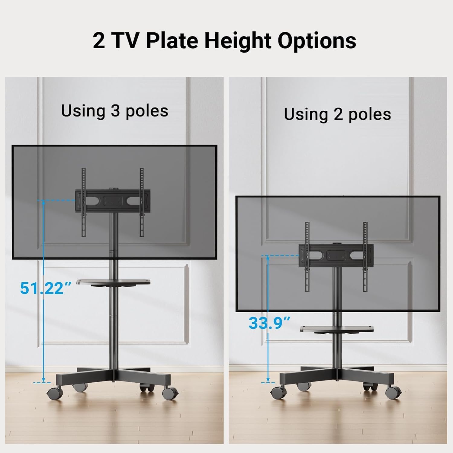 PERLESMITH Rolling TV Stand, Mobile TV Stand for 23-60 Inch LCD LED TVs, Tilt TV Stand Wheels Holds up to 88Lbs, Portable TV Stand for Bedroom with Shelf, Outdoor TV Stand Max VESA 400x400mm PSTVMC06