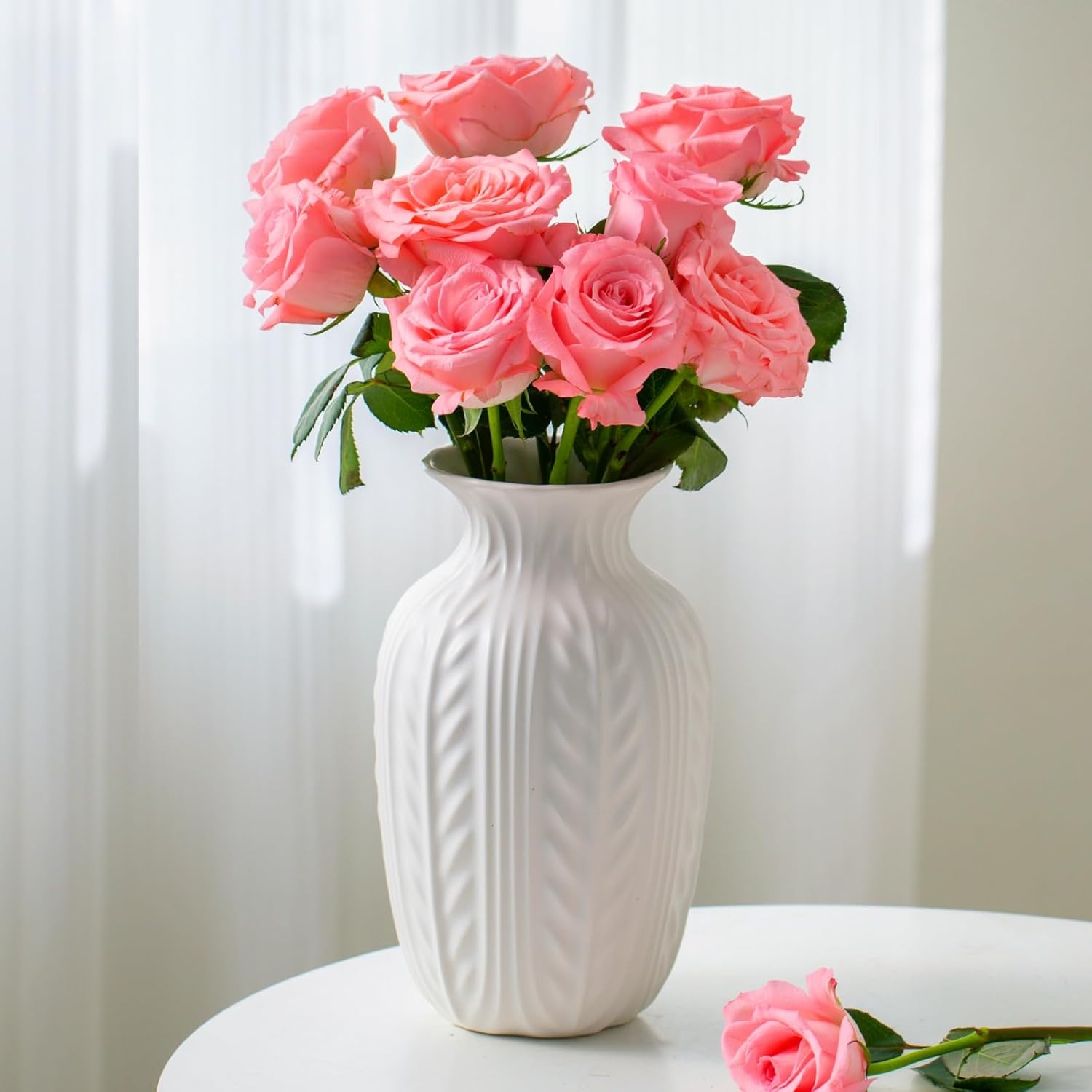 Matte White Ceramic Flower Vase, 10 Inch Unique Wheat Ear Textured Modern Large Vases for Trendy Home Decor Living Room Entryway Shelf Office Rustic Table Centerpiece (Matte White) - Image 5