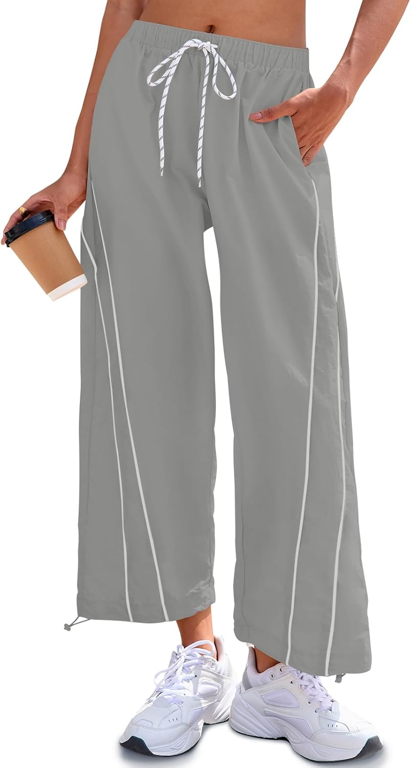 Fisoew Womens Baggy Wide Leg Pants Casual Elastic Waist Drawstring Hiking Workout Cropped Track Pants with Pockets