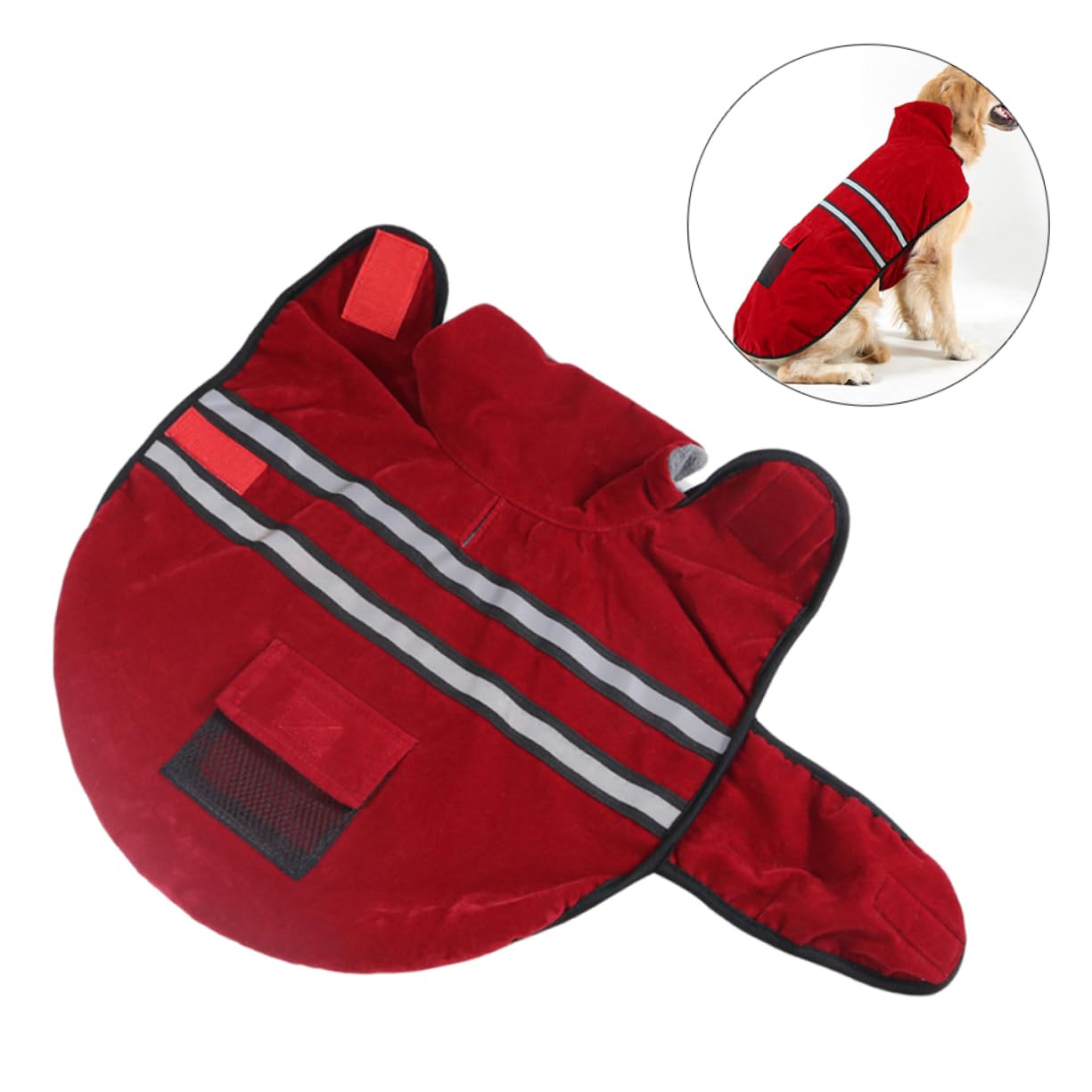 SUPVOX 2 Pezzi Giacca per Cani con Strisce Riflettenti Caldo Cappotto per Cani in Cotone Piccola Tasca Rosso Vino Pronta per La Foto