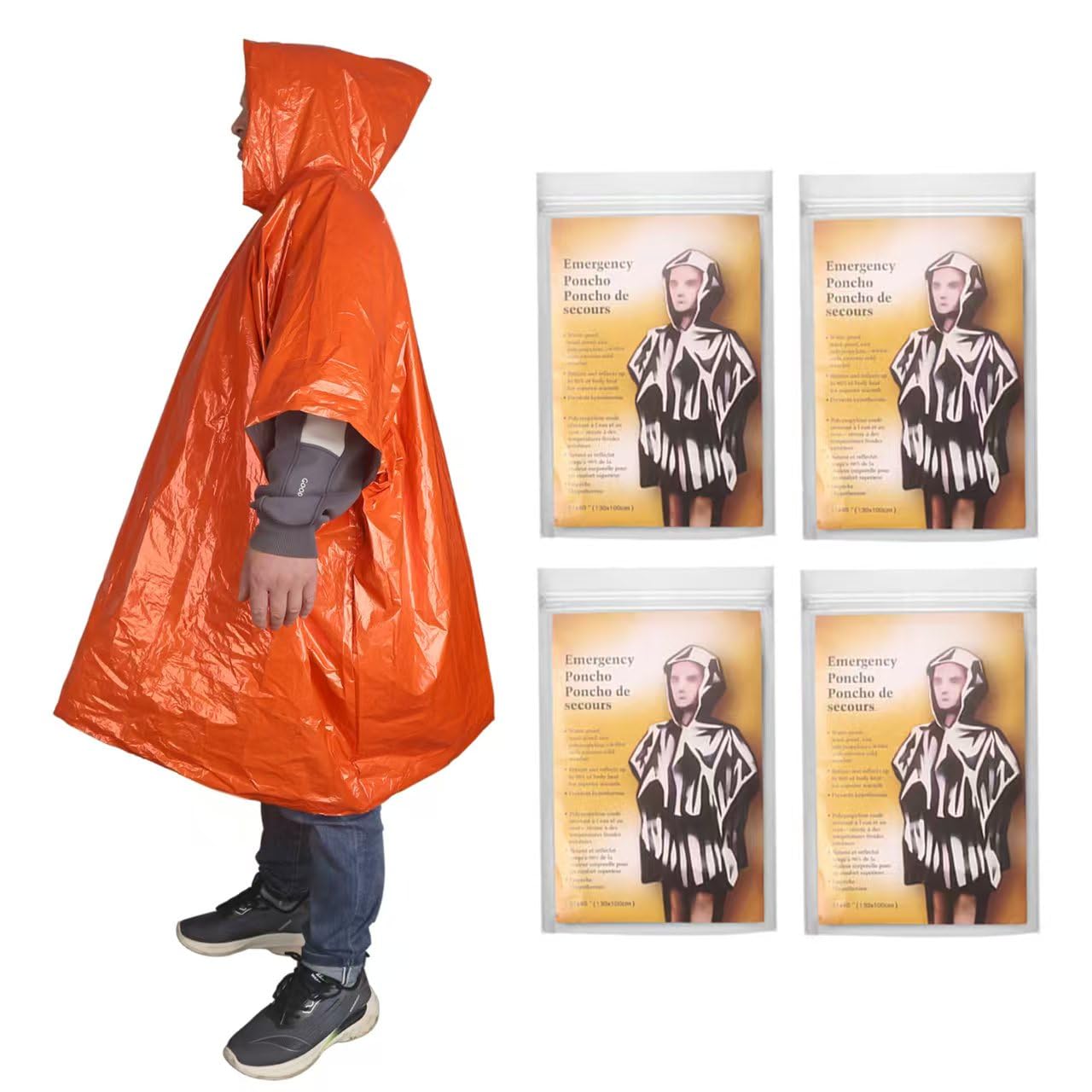 Tiatbxi 4-Pack Emergency Poncho Orange/Reflective Silver, Reversible Hood Windproof Rainwear with Thermal Mylar Heat Retention, Camping Kits Road