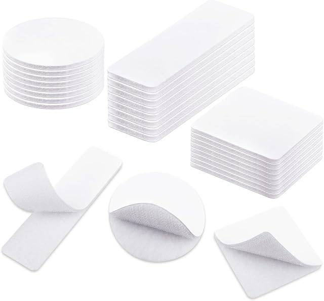 HOMMAND Double Sided Hook and Loop Pads, 24 Pcs Hook and Loop Tape Self Adhesive Heavy Duty Sticky Pads, Extra Strong Fastening Tape Hook and Loop Fastener, Rectangle/Squares/Round (White)