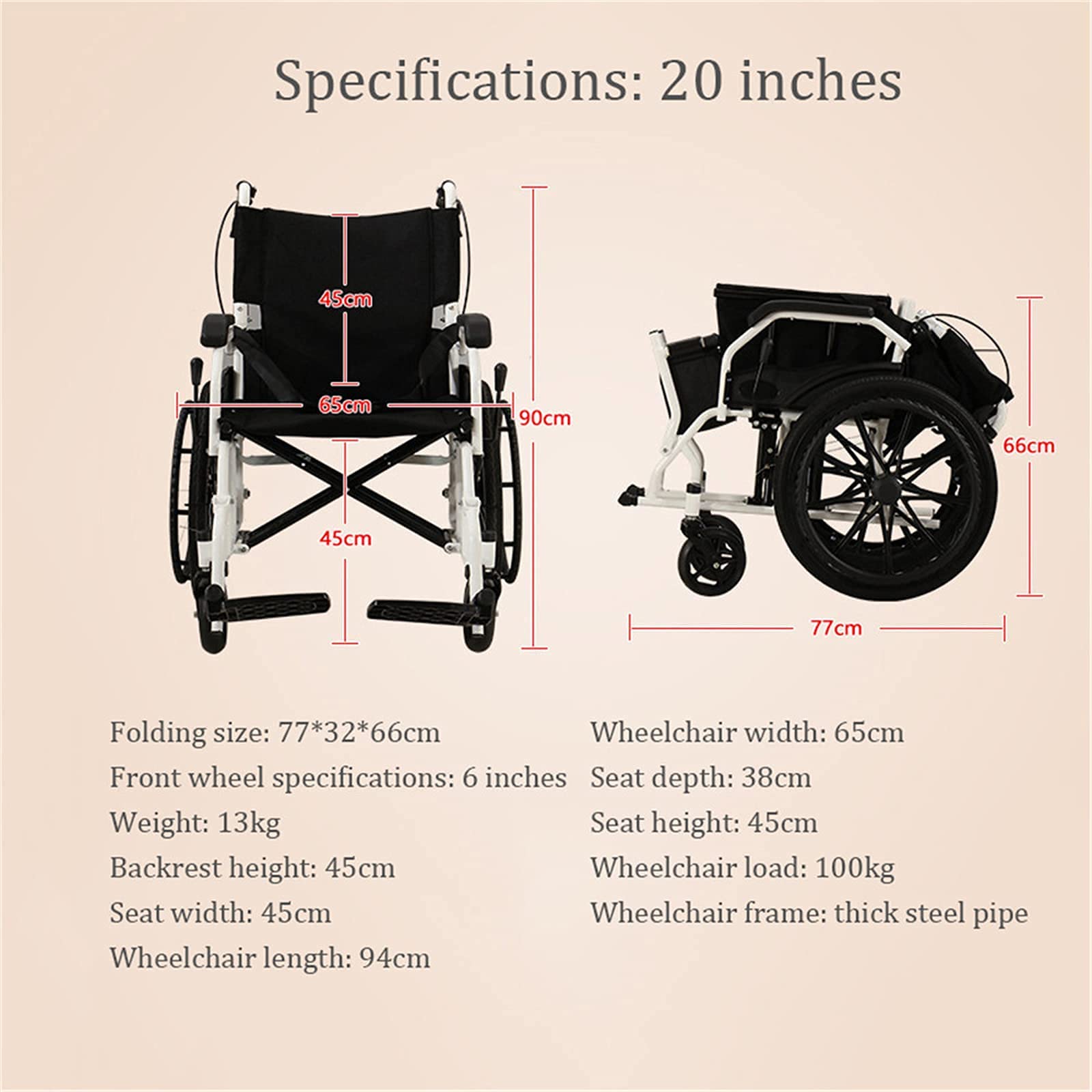 Wózki Inwalidzkie Składane Wózki Inwalidzkie, Samojezdne Wózki Inwalidzkie Lekkie Składane 20-Calowe Duże Koło 13 Kg