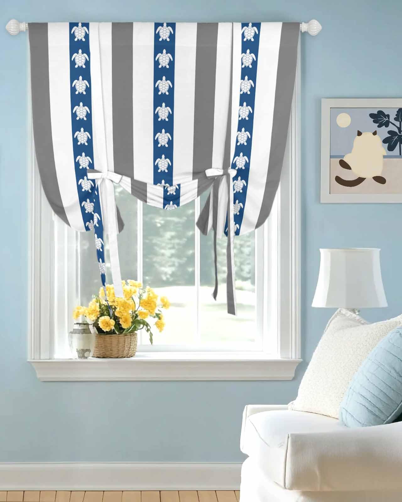 Tie Up Curtains for Windows Retro Marine Turtle Rod Pocket Tie-Up Window Shade Adjustable Balloon Curtain Valance Gray Blue White Stripe for Bedroom Kitchen Bathroom Blinds,42x45in