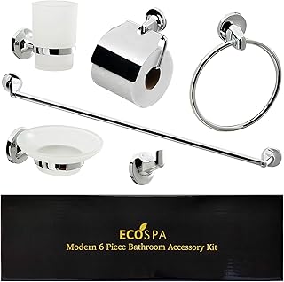 ECOSPA 6 Piece Bathroom Accessory Set - Includes Wall Mounted Chrome Towel Ring and Toilet Roll Holder with Cover Plate, F...