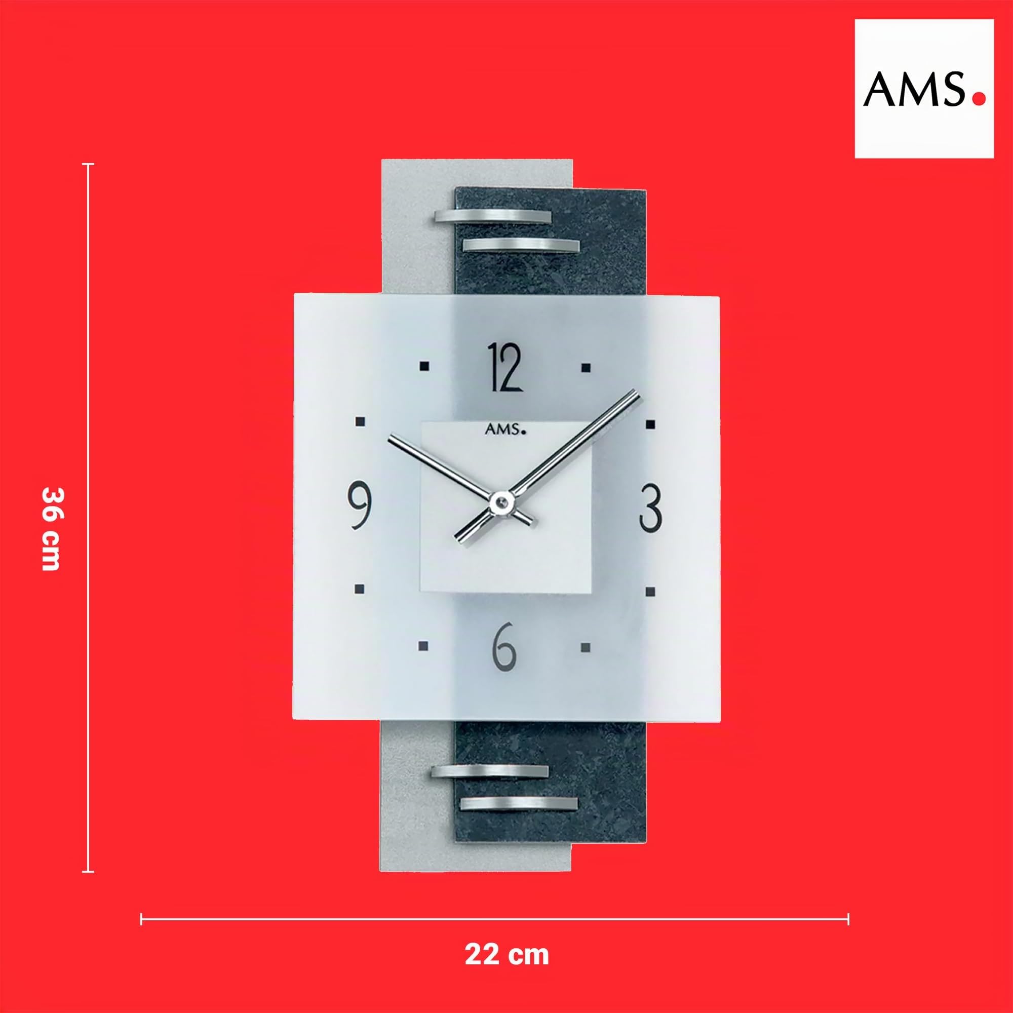 AMS Wanduhr - geräuscharmes Quarzwerk, Moderne Uhr, Quarz-Wanduhr mit transparentem Zifferblatt , satiniertes Mineralglas, Analoguhr für Wohnzimmer, Küche & Büro, Maße 22 x 35 x 5 cm
