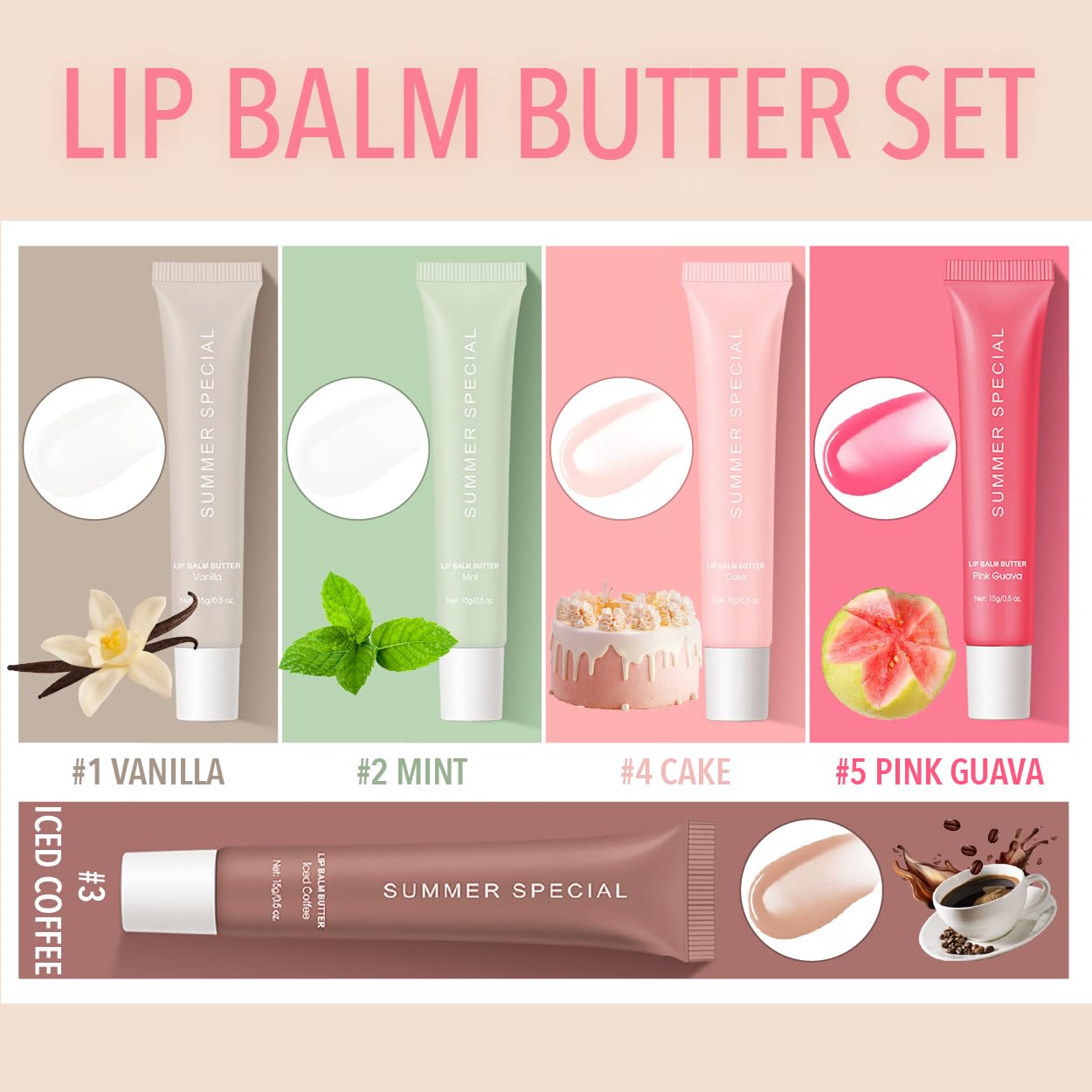 5-Color Lip Balm Butter Set-With Shea Butter&Avocado Oil Natural Ingredients, Lightweight&Non-Sticky, Instant Hydration, 5 Shades (Vanilla/Mint/lced Coffee/Cake/Guava), Natural Scent Ideal for Gifting - Image 4