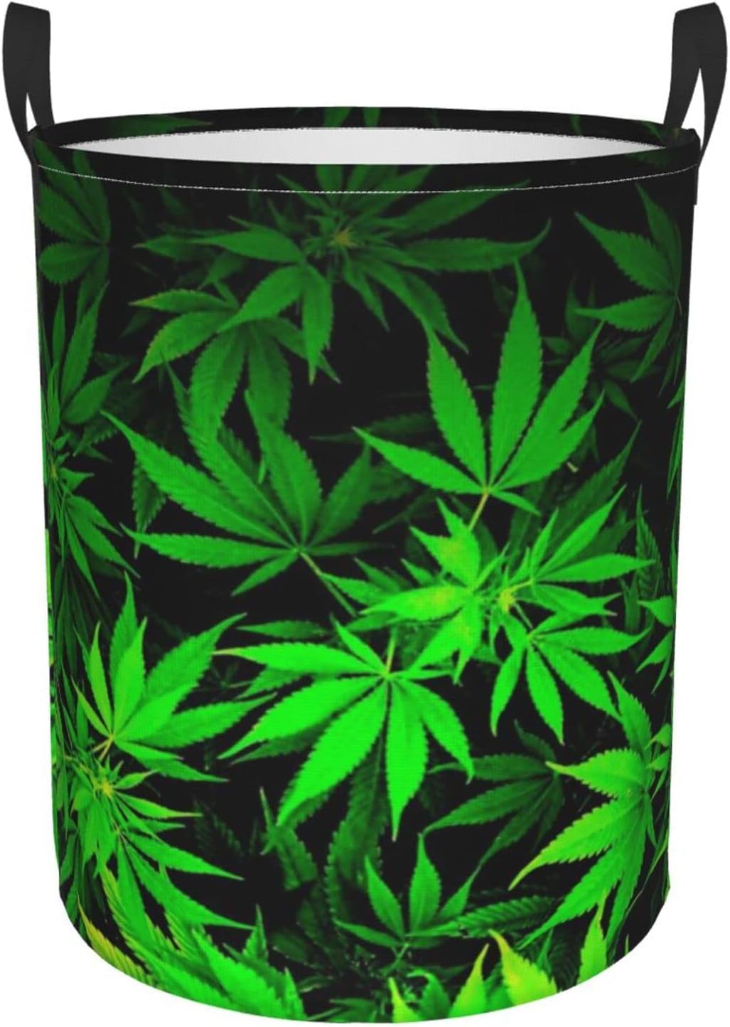 Weed Marijuana Leaf Circular Hamper Dirty Clothes Bag Round Single Layer Dirty Basket Laundry Basket, Black