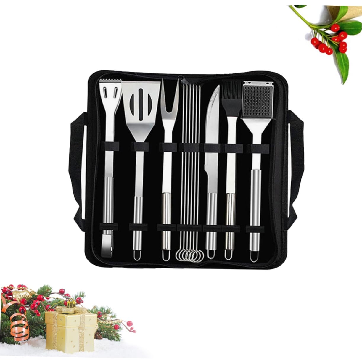 12 Stück Teiliges Edelstahl Bbq Grillbesteck Set mit Grillspachtel Zange Bürste und Tasche Praktisches Barbecue Werkzeugset für Camping Picknick und Grillfans
