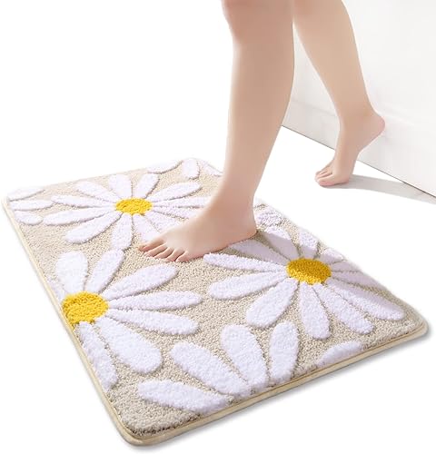 Alfombra de baño beige con diseño de margaritas, alfombra de baño de microfibra antideslizante y súper absorbente, lavable a máquina, para ducha,