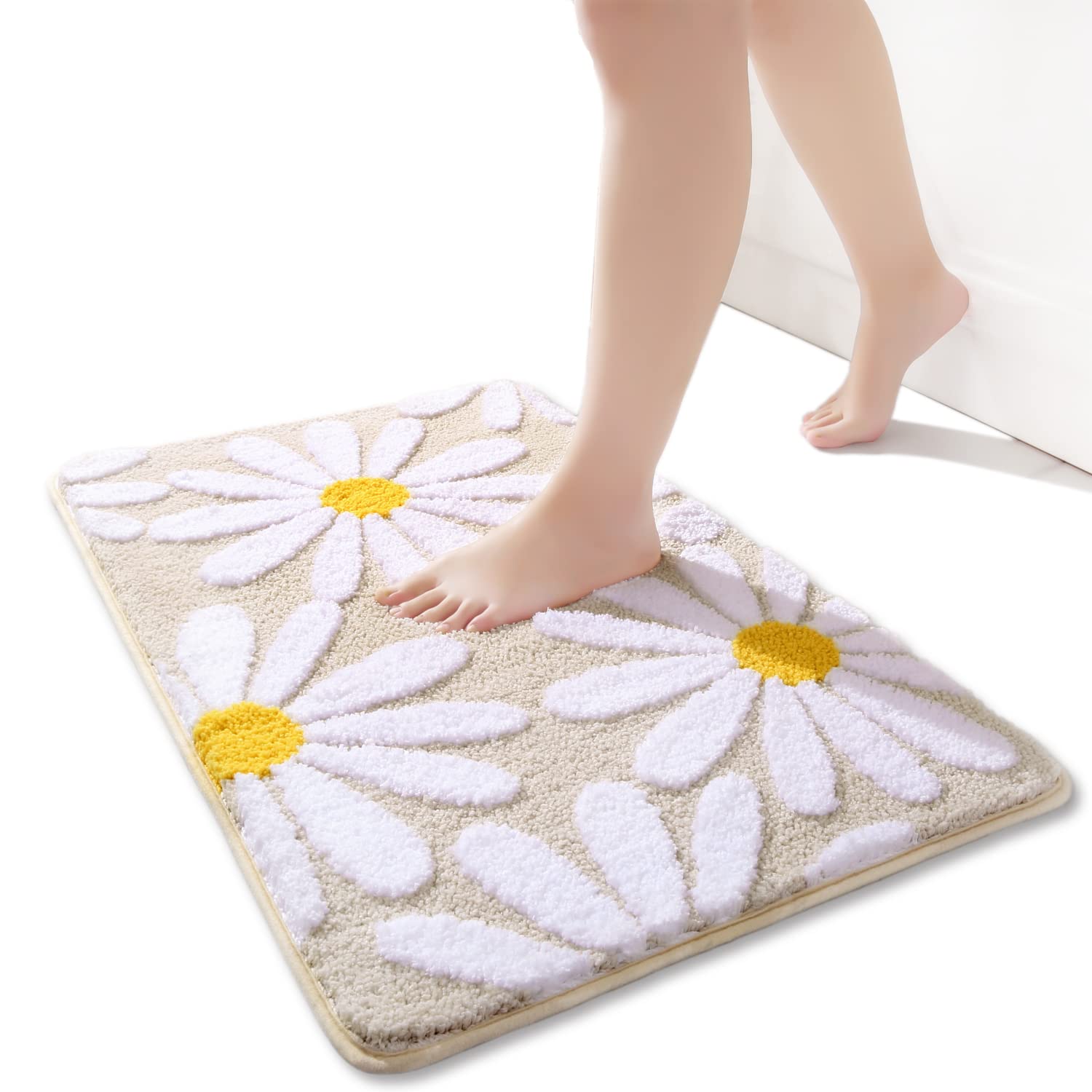 QJHOMO Beige Bathroom Rugs Cute Daisy Bath Mat White and Yellow Flower Decor Rug Non Slip Floor Carpet Microfiber Bathmat Super Absorbent Machine