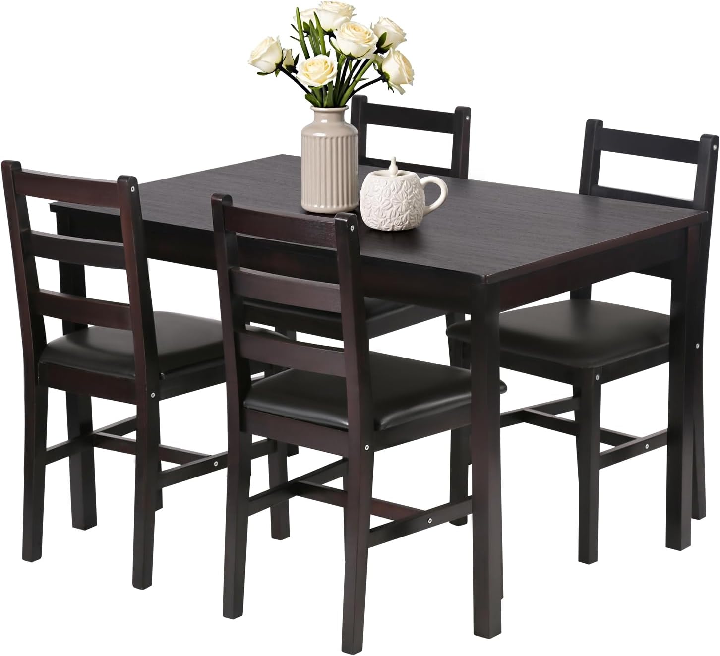 FDW 5-Piece Solid Pine Wood Dining Table Set for 4 - Space-Saving Brown Kitchen Table with Upholstered Chairs for Apartments