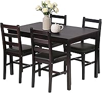 FDW 5-Piece Solid Pine Wood Dining Table Set for 4 - Space-Saving Brown Kitchen Table with Upholstered Chairs for Apartments