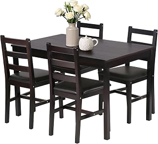FDW 5-Piece Solid Pine Wood Dining Table Set for 4 - Space-Saving Brown Kitchen Table with Upholstered Chairs